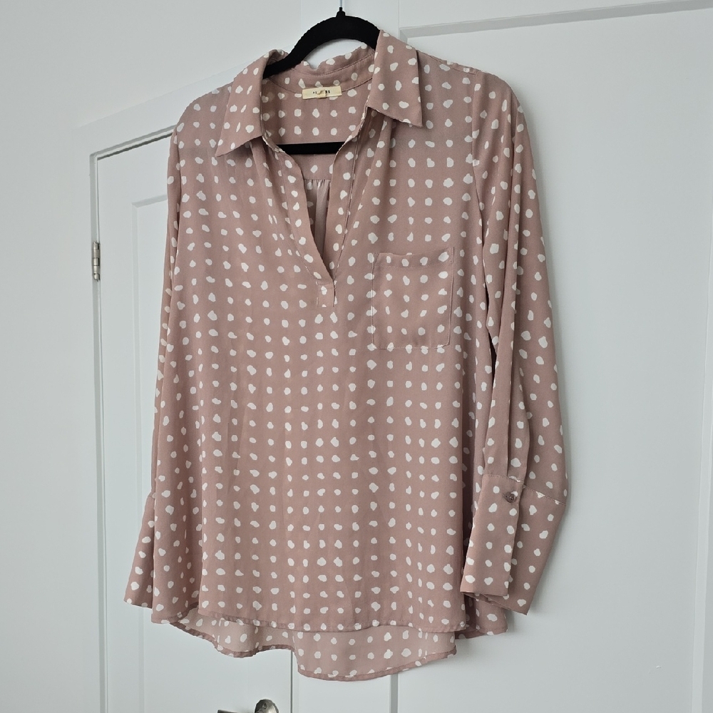 Pleione Dusty Rose Polka Dot V-Neck Blouse